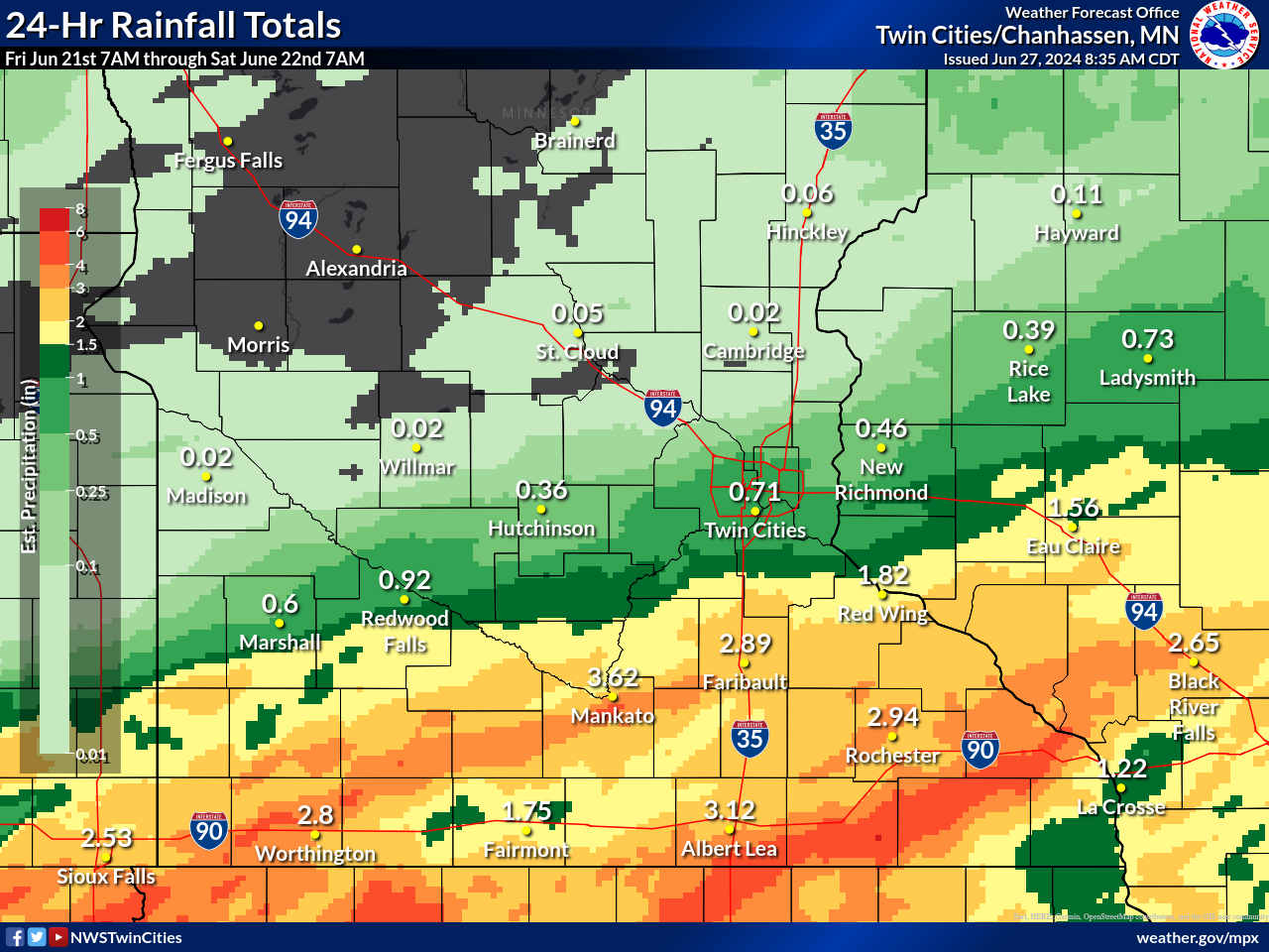 Observed Rainfall Totals from 7 AM June 21st to 7 AM June 22nd across central and southern MN and western WI.