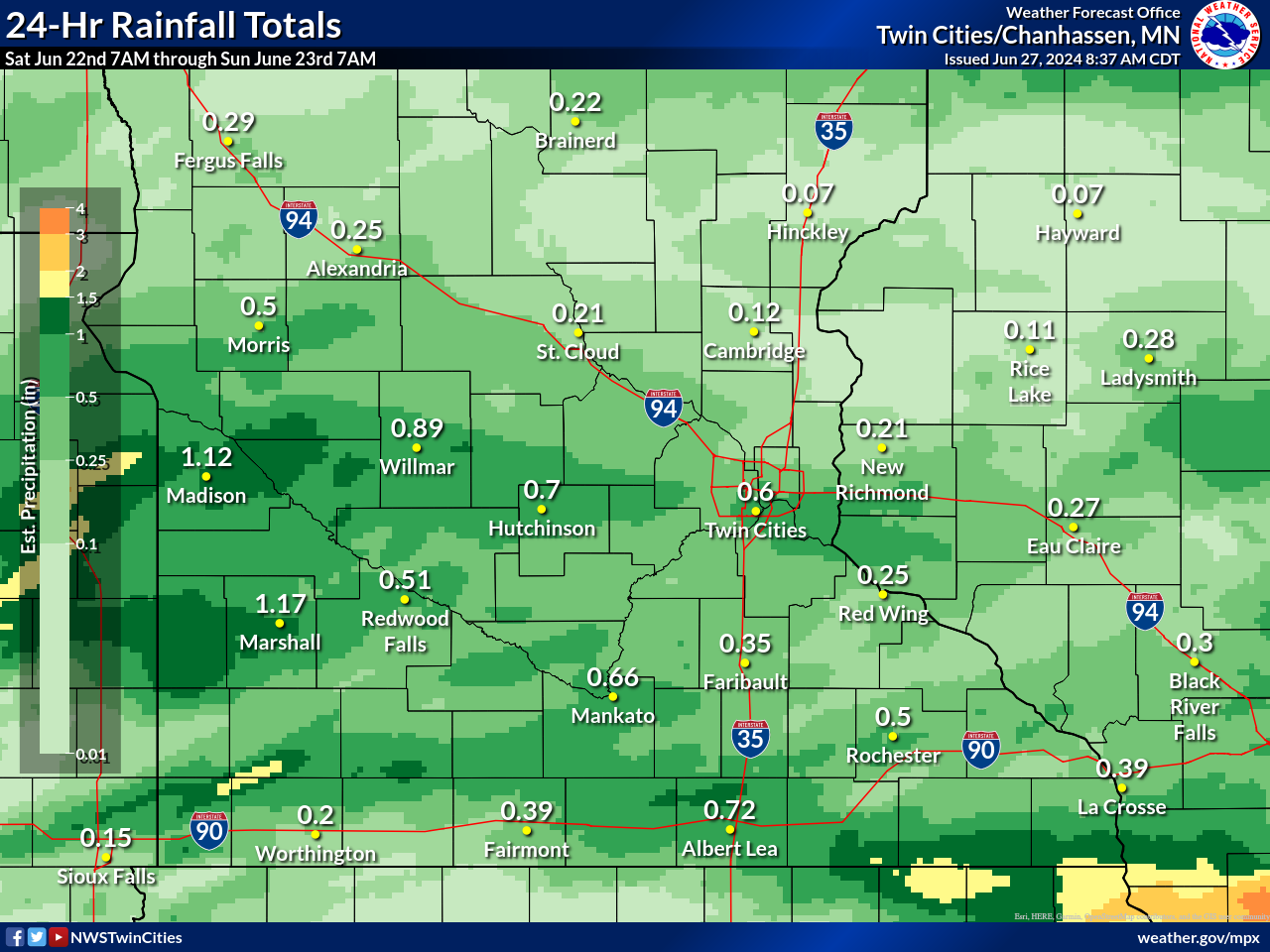 Observed Rainfall Totals from 7 AM June 22nd to 7 AM June 23rd across central and southern MN and western WI.
