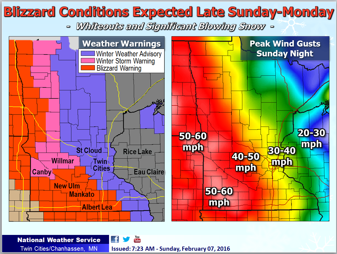 Blizzard Expected Late Sunday Afternoon into Monday Southern Minnesota