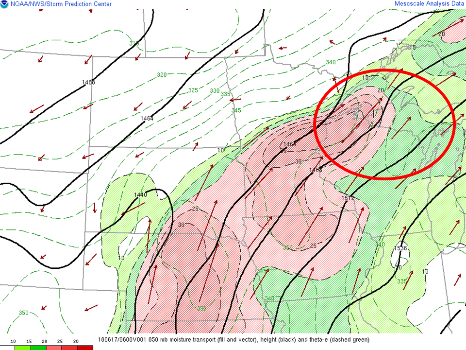 850hPa moisture transport (shaded/vector), theta-e (dashed green): 6Z