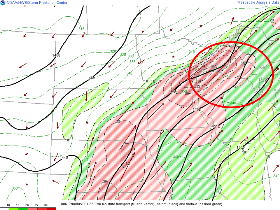 850hPa moisture transport (shaded/vector), theta-e (dashed green): 8Z