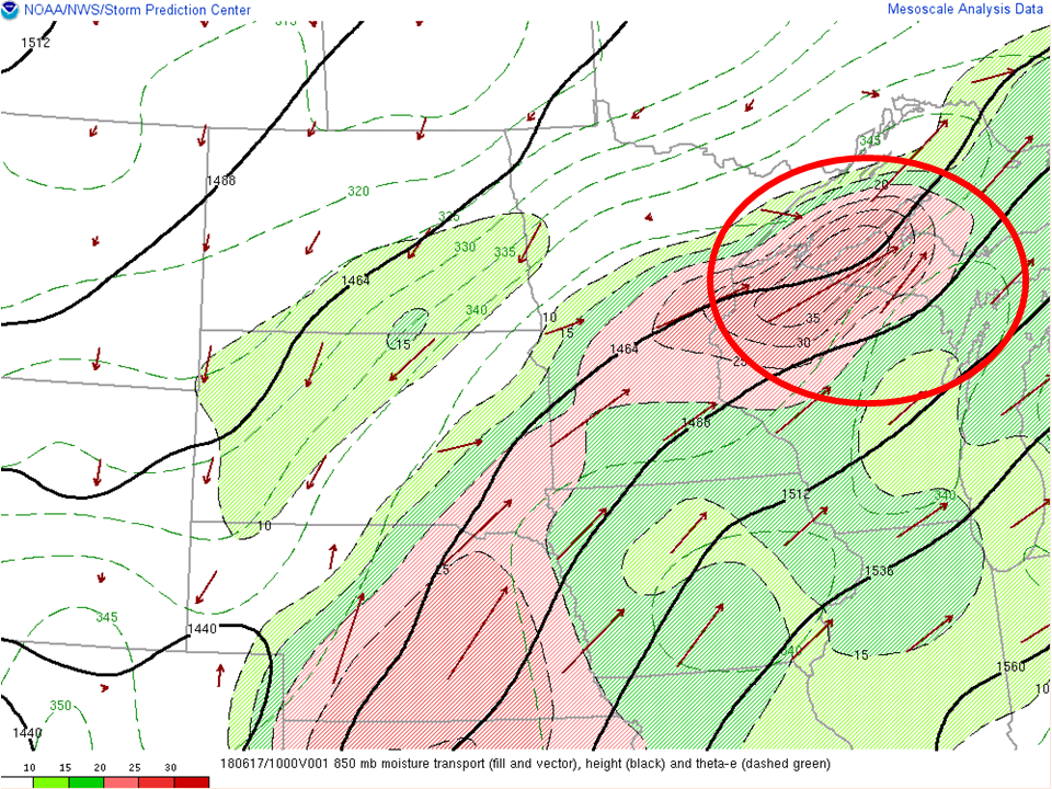 850hPa moisture transport (shaded/vector), theta-e (dashed green): 10Z