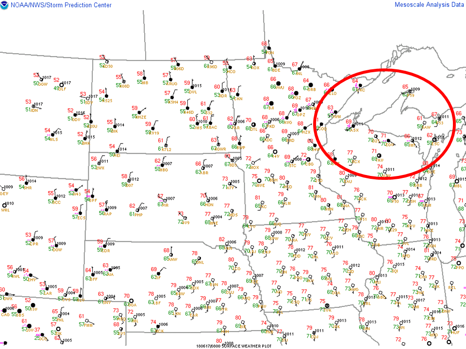 Surface Observations 8Z June 16th 2018