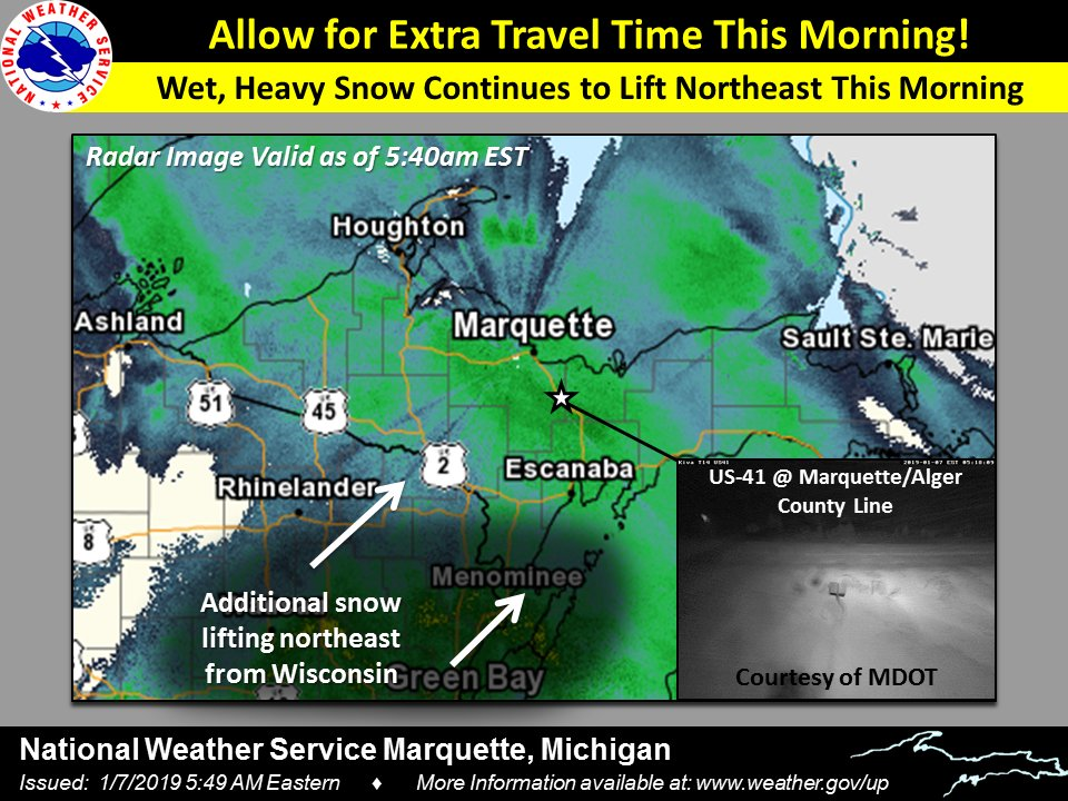 Radar Update Monday Morning highlighting snow covered roads and the need for extra travel time due to wet, heavy snow continuing. Also, highlights the next round of snow lifting northeast from Wisconsin.