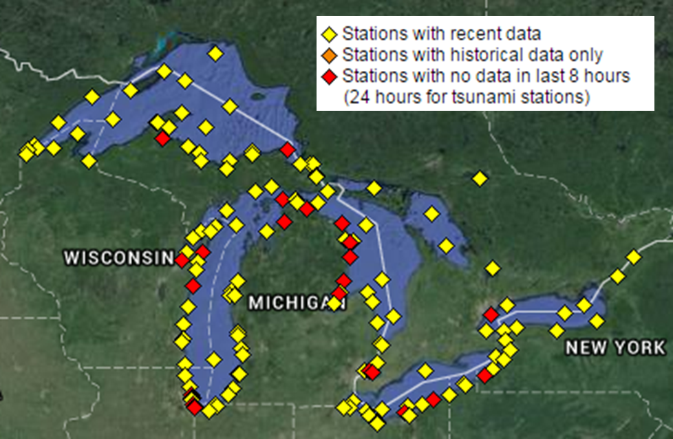 Map of current buoy and CMAN observations across the Western Great Lakes available from the National Data Buoy Center