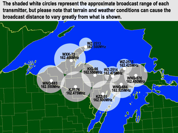 NOAA Weather Radio Locations In West and Central Upper Michigan