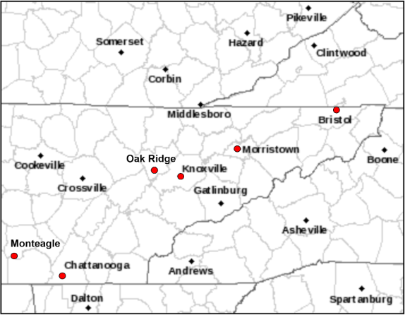 Historical NWS office locations across the region.