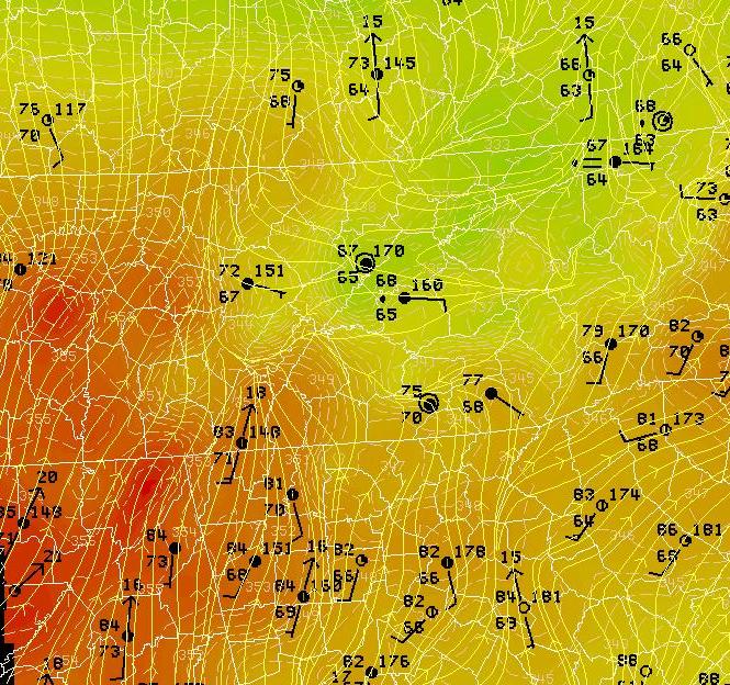 Surface analysis of theta-e (image and dashed lines), streamlines, and surface observations