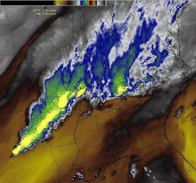 Water vapor satellite image with lightning strikes at 9 am EDT