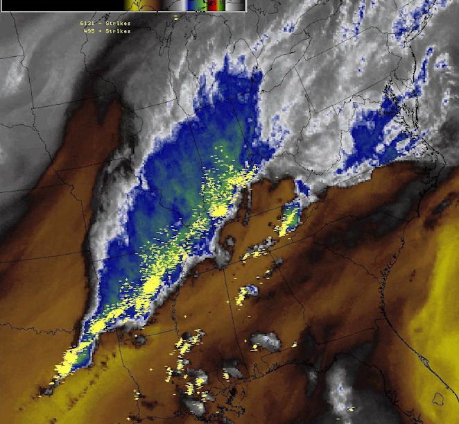 Water vapor satellite image with lightning strikes at 2 pm EDT