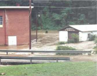 View from across the street. Water has come back down, but is still about a foot deep inside the school.