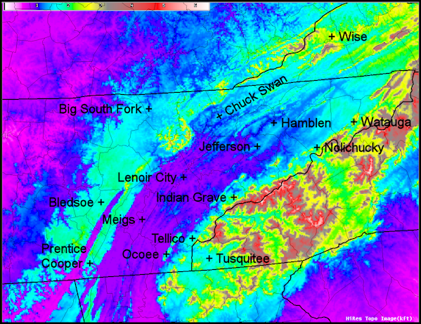 Map of RAWS locations in the WFO Morristown forecast area