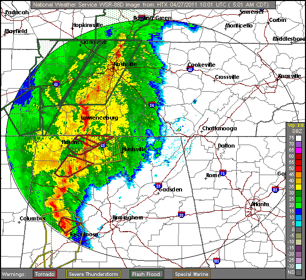 KHTX radar loop from 6 AM EDT (5 AM CDT) until 11 AM EDT (10 AM CDT) of the initial severe thunderstorm line on the morning of April 27, 2011