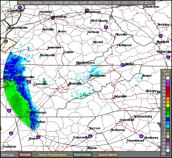 KMRX radar loop from 7 AM EDT (6 AM CDT) until 11 AM EDT (10 AM CDT) of the initial severe thunderstorm line across east Tennessee on the morning of April 27, 2011