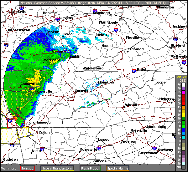KHTX radar loop from 1 PM EDT (12 PM CDT) until 6 PM EDT (5 PM CDT) of the supercells across middle Tennessee and northern Alabama on the afternoon of April 27, 2011