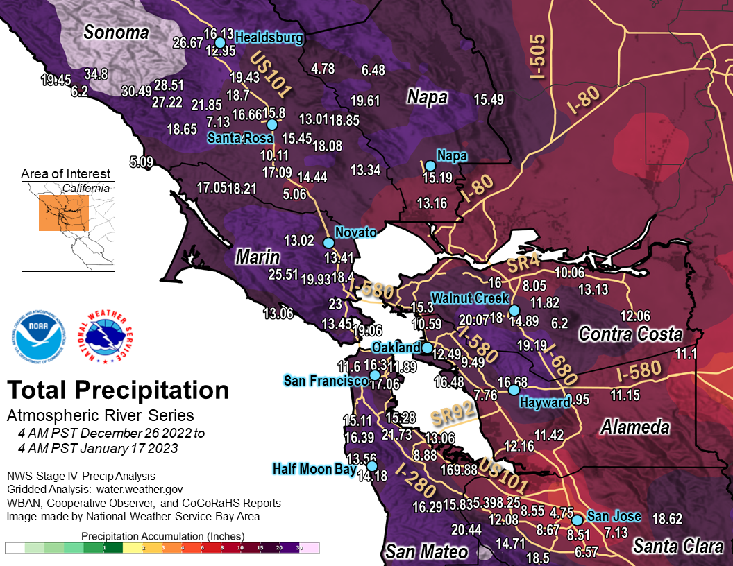 Total precip map showing the north bay. Highest totals coastal mountains with 30 plus inches..