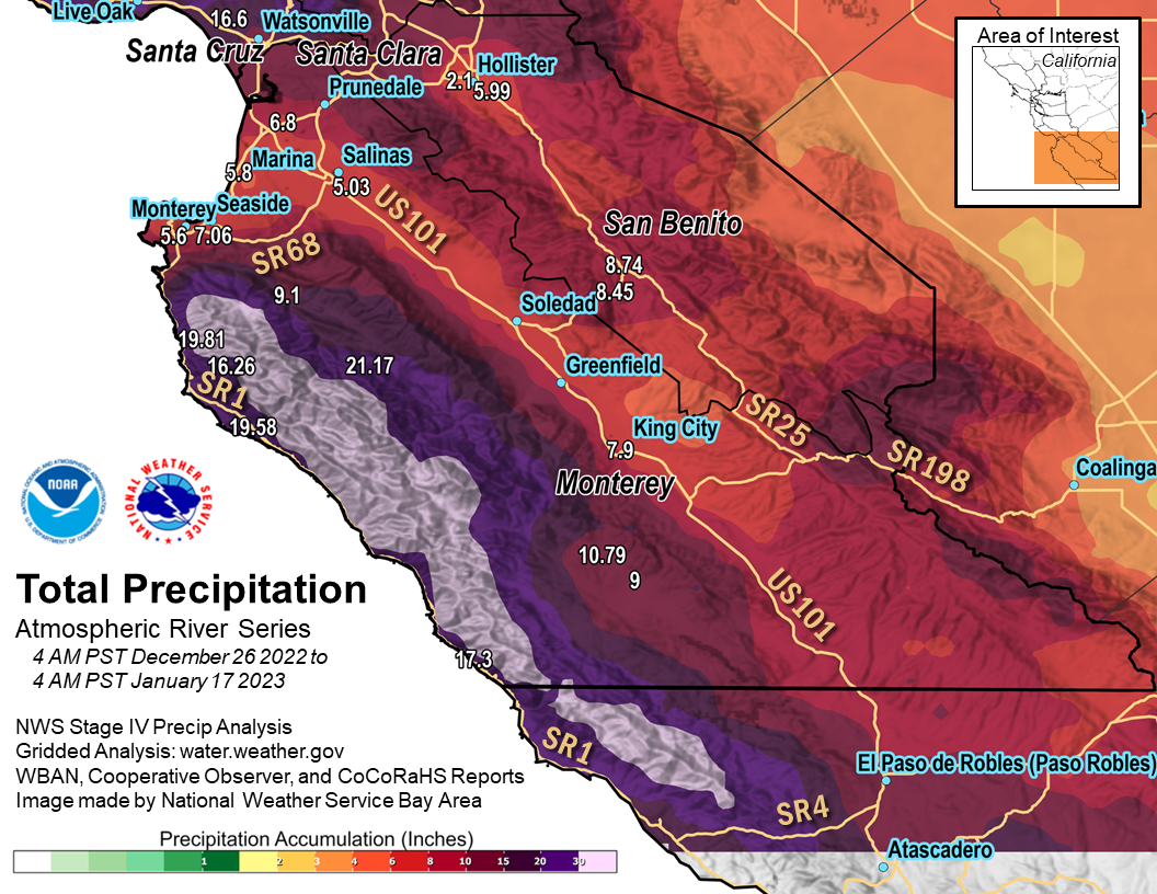 Total precip map showing the north bay. Highest totals coastal mountains with 30 plus inches..
