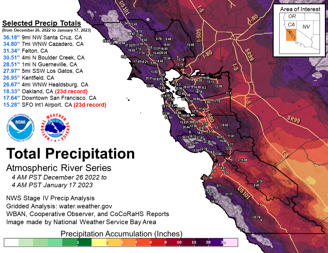 Map showing total precipitation from December 26 2022 to January 17, 2023. Highest totals over coastal mountains.