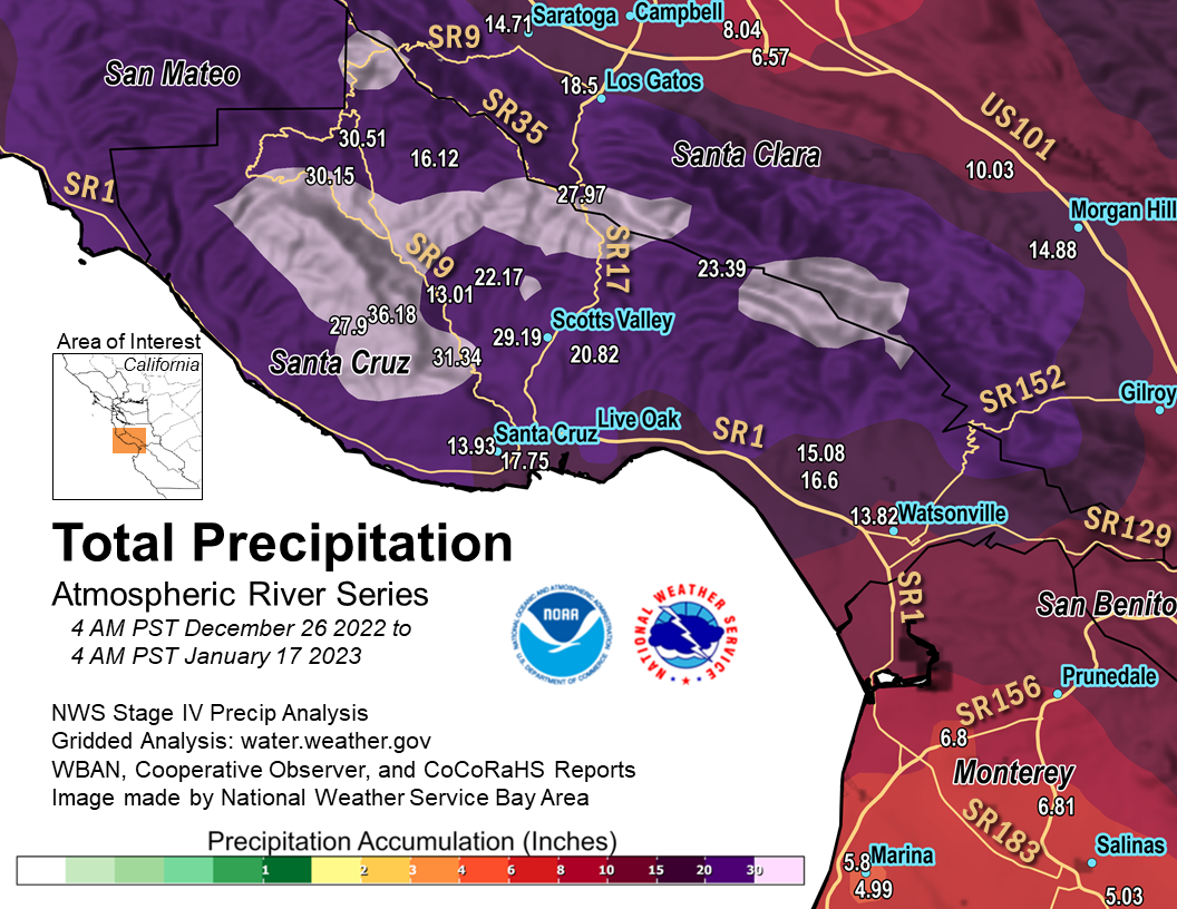 Total precip map showing the north bay. Highest totals coastal mountains with 30 plus inches..