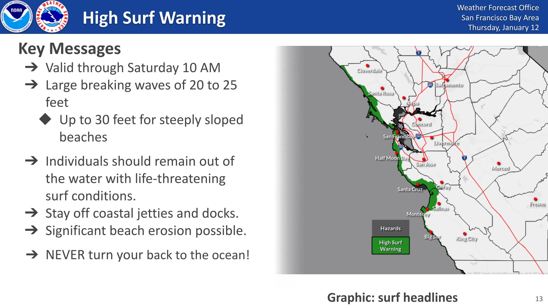 High Surf Warning Graphic for Bay Area Coastline