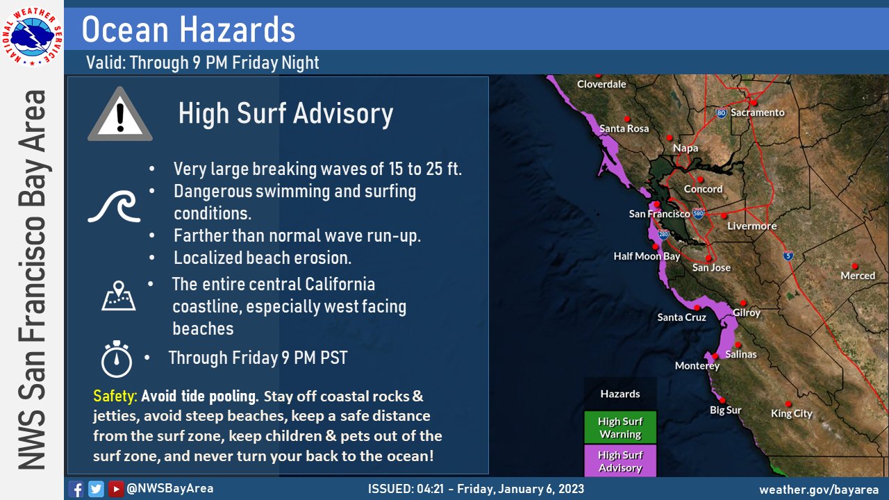 High Surf Advisory Graphic for Bay Area coastline