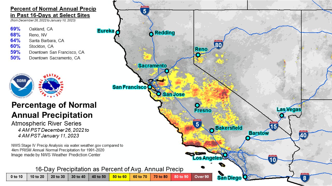 Percent of normal precipitation map for CA.  