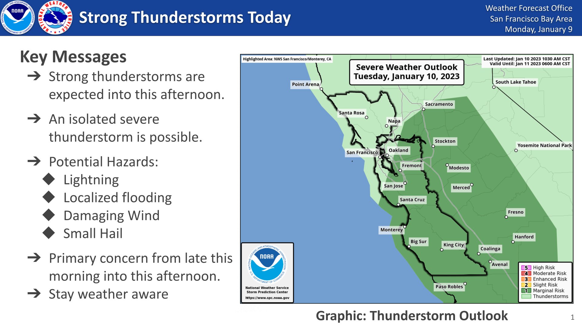 SPC outlook highlighting portions of California for the potential of thunderstorms.