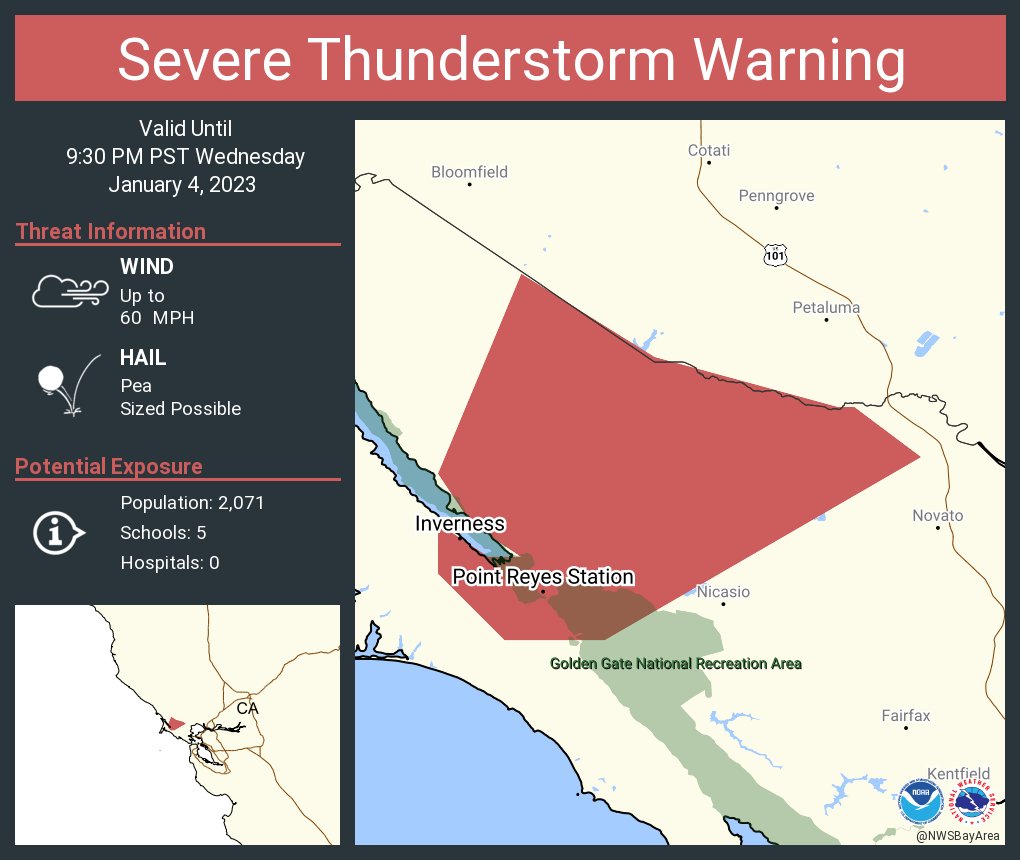 Severe Thunderstorm Warning issued for Pt Reyes