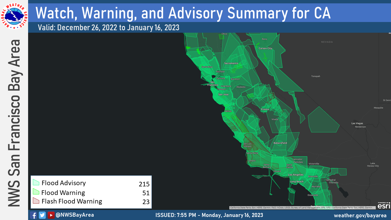 Map showing all hydro hazards issued during a three week period over CA.