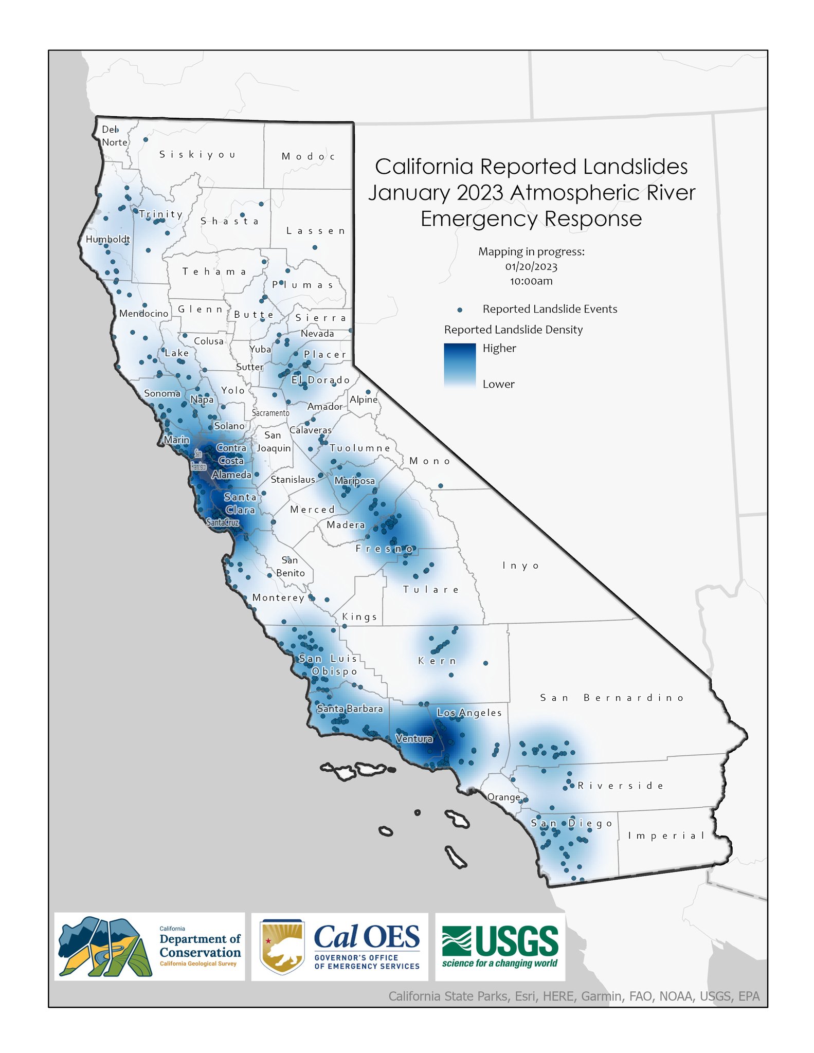 USGS map showing numerous landslides across the state.