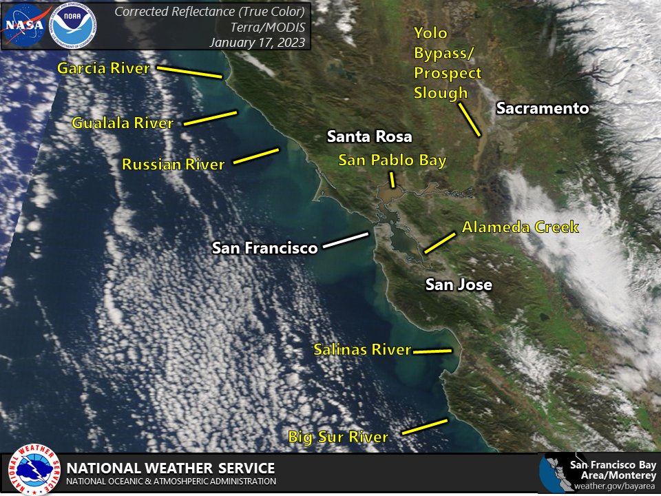 Satellite image showing numerous river run off into the ocean