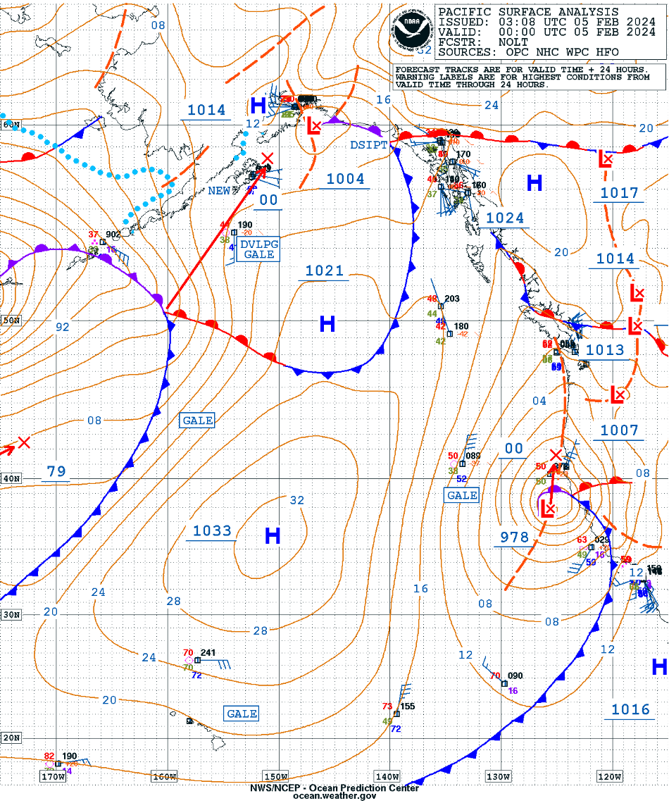 Map showing surface analysis over the eastern Pacific from Ocean Prediction Center