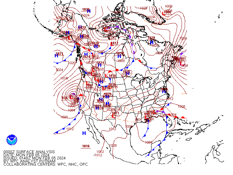 Map showing surface analysis over the eastern Pacific from Weather Prediction Center