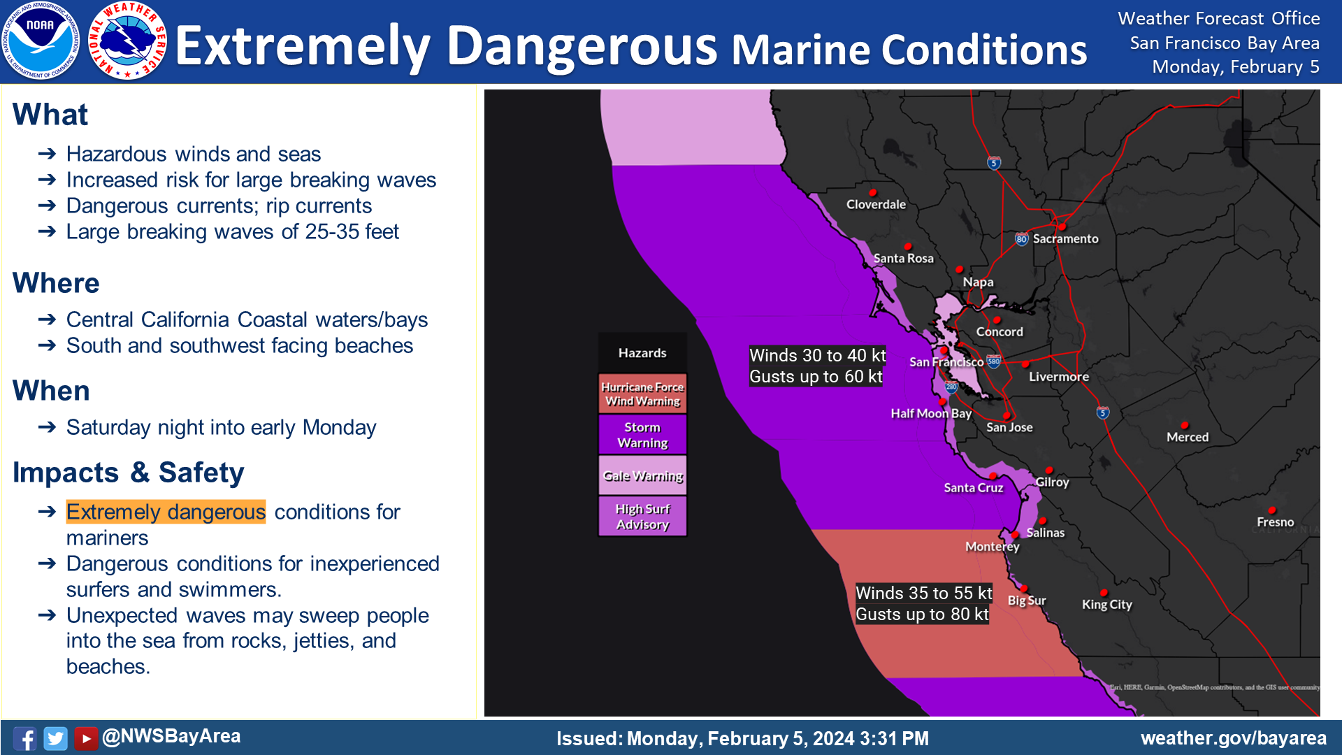 Dangerous marine environment with storm and hurricane force warnings in effect.