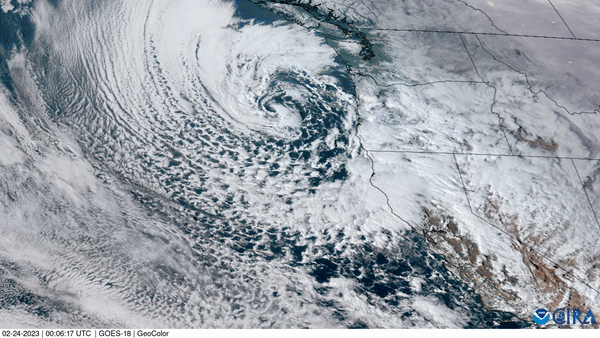 Satellite loop showing a storm system hitting the West Coast.