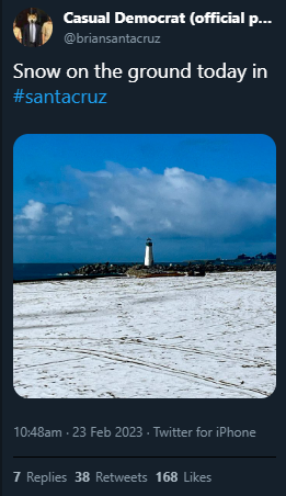 Photo showing hail covering the ground near the Santa Cruz lighthouse.