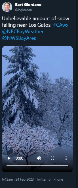 Twitter picture showing snow in Los Gatos