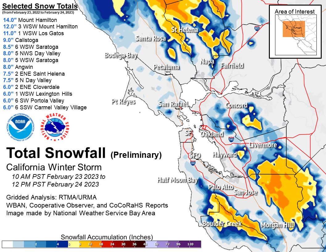 Map showing snow totals for Bay Area February 23-24