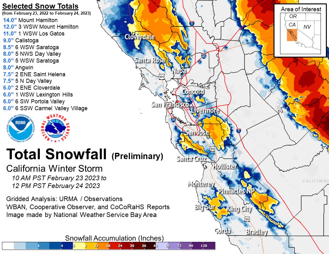 Map showing snow totals across the Bay Area and Central Coast February 23-24