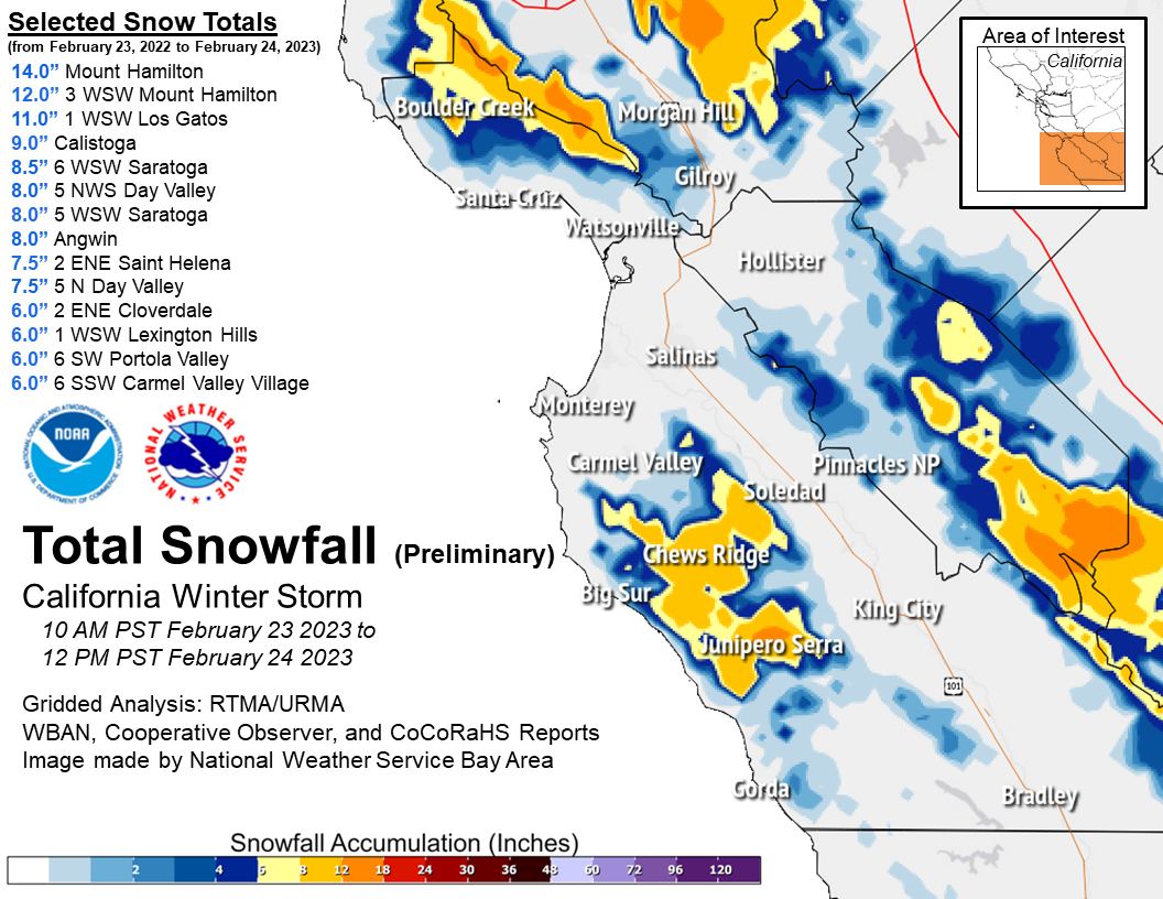 Map showing snow totals Central Coast February 23-24