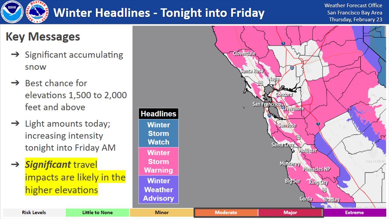 Map of Bay Area showing winter storm warning valid for areas above 1,500 feet elevation.