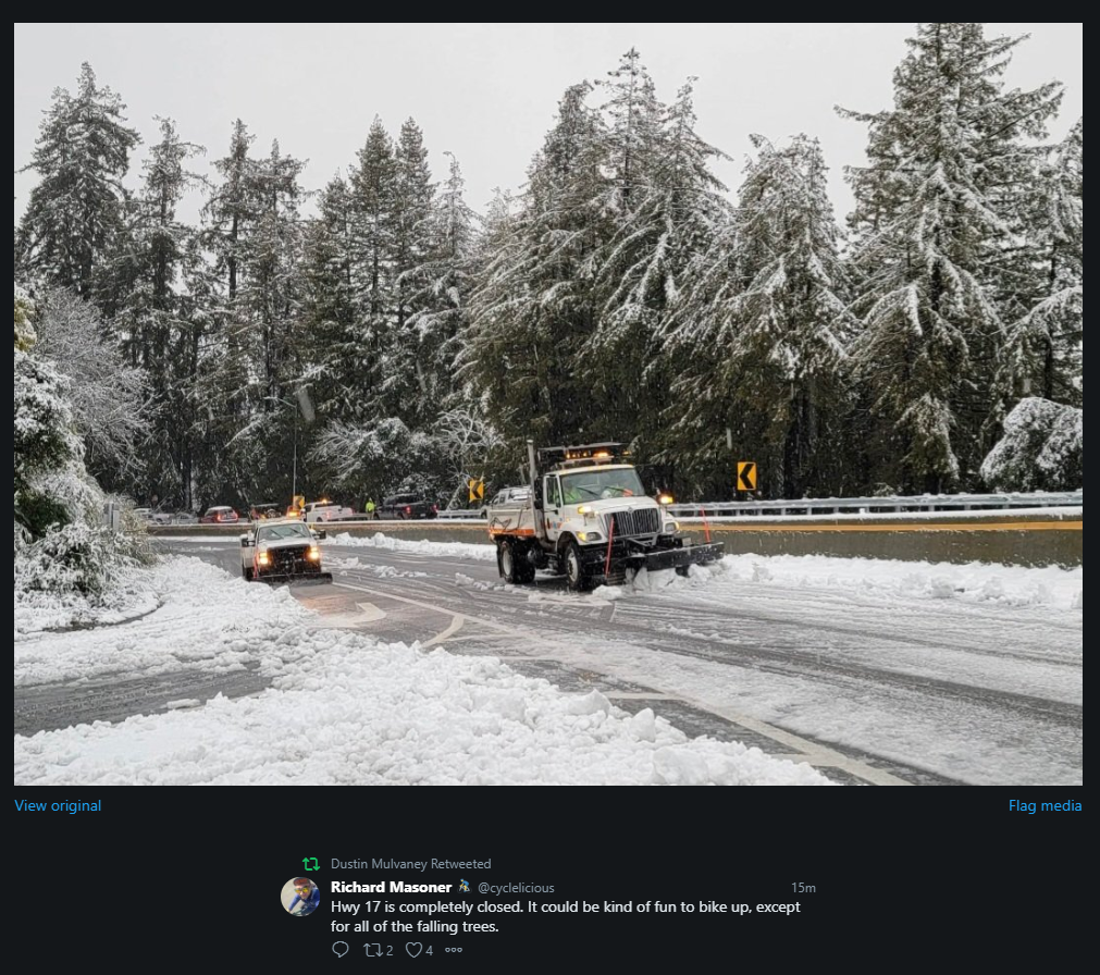 Hwy 17 closed.  Pic of snow plow on highway