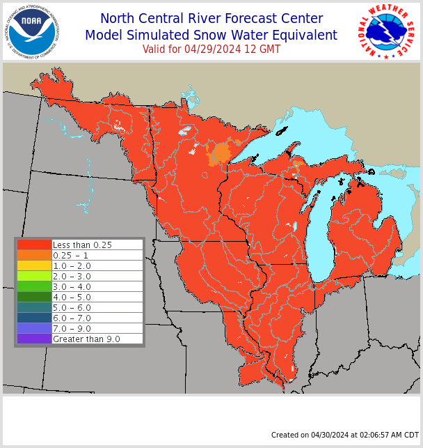 Map depicts the current modeled Snow Water Equivalent in the snow pack across the Rainy River Basin from the North Central River Forecast Center