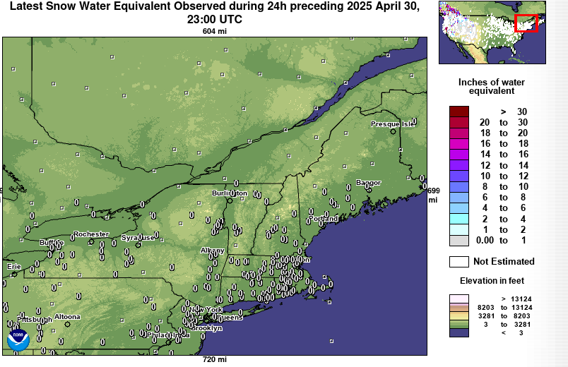 NOHRSC Current Observed Snow Water Equivalent (SWE) across New England and New York