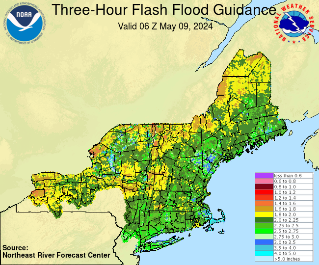 Estimated of the amount of rainfall required over a given area during 3 Hours to cause small streams to flood.