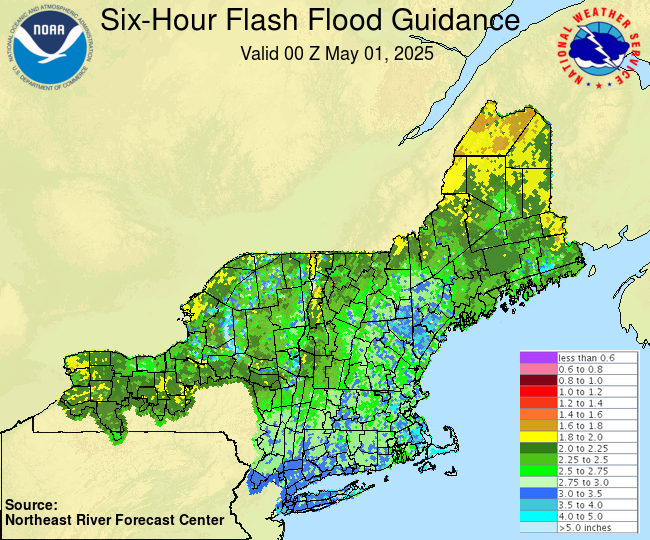 Estimated of the amount of rainfall required over a given area during 6 Hours to cause small streams to flood.