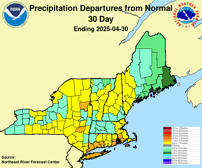 30 Day Precipitation Departures from Normal across New York and New England.