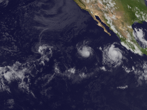 GOES-16 satellite imagery over the eastern Pacific Ocean from July 25 to August 1. Hurricane Irwin on the left collided with Hurricane Hilary on the right; the two merged before fading out over the ocean.