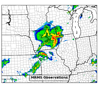 Top: Observations of the actual severe weather event. This observed radar image shows that the HRRR Version 4 forecast did a much better job predicting that a derecho would be sweeping across eastern Iowa during the early afternoon of Aug. 10, 2020 than Version 3 did. Bottom from left to right: A comparison of NOAA High-Resolution Rapid Refresh model (HRRR) forecasts of the Midwest Derecho on Aug. 10, 2020. The left panel shows the forecast from HRRR Version 3, while the right panel shows the forecast from the upgraded HRRR Version 4 that was implemented today. 