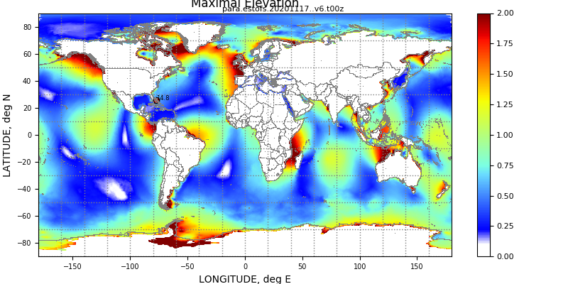 An example of maximum forecast water levels (m MSL) from a forecast cycle of Global ESTOFS.